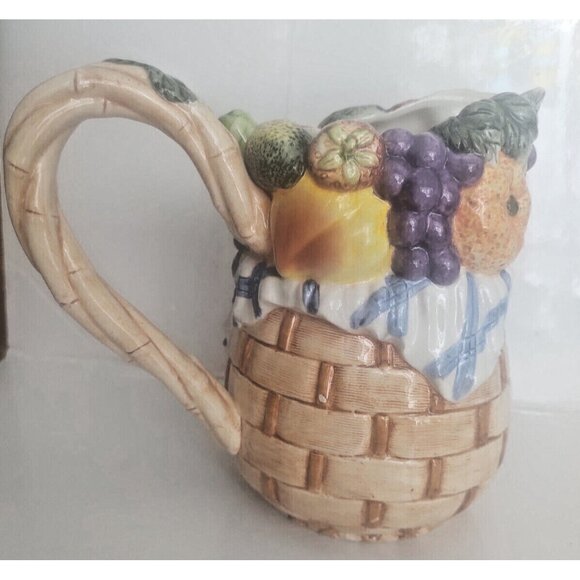 Majolica Ceramic Raised Harvest Fruits JUG Wicker Basket Design 7 1/2" Tall - Picture 2 of 11
